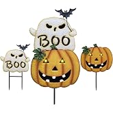 TERESA'S COLLECTIONS Halloween Yard Stakes, Metal Halloween Yard Signs | Metal Stacked Solar Ghost Pumpkin Garden Stake for Cute Halloween Decor Outdoor, Yard Lawn Garden Pathway Decor, Medium