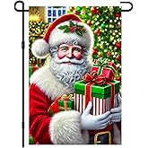 BlissYard Merry Christmas Garden Flag 12x18 Inch Santa Claus Holding Gifts Flag Snowy Winter Outdoor Yard Decor House Banner Porch Lawn Patio Home Decoration