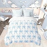 Feelyou Blue Bow 7 Piece Bedding Set Full Size Cute Bowknot Twin Comforter Set with Sheets Boys Girls Kawaii Bed in a Bag Breathable Soft Lightweight Microfiber