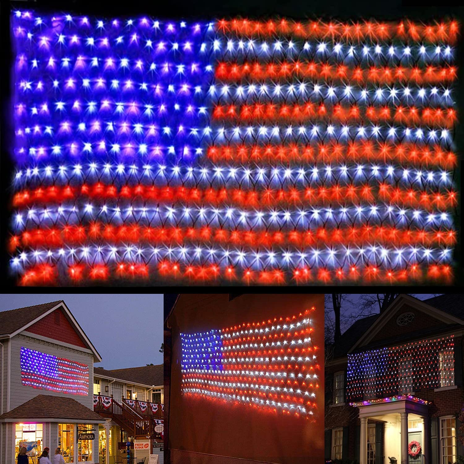 Photo 1 of (New) American Flag Lights, Outdoor String Lights 420 LED Waterproof Led Flag Net Light Patriotic Ornaments for Outdoor Home Yard,Garden, Camping, Memorial Day, 4th of July, Christmas Decorations