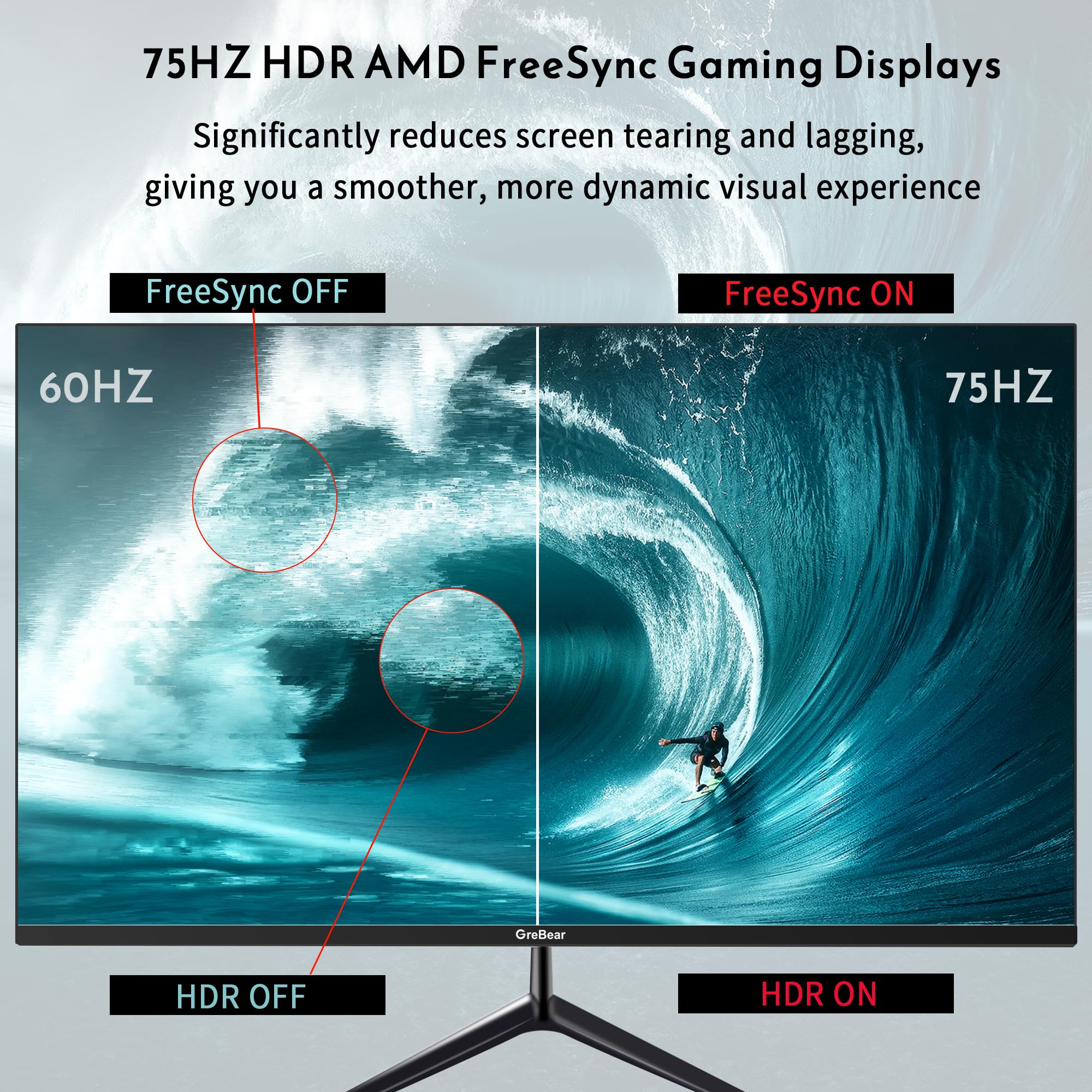 GreBear 24 Inch Computer Monitor, FHD 1080p PC Monitor 75hz Built in Speakers, 99% sRGB Low Blue Light Anti-Glare VA Screen Desktop Display w/HDMI/USB Type-C/Freesync Tilt Adjustable 75 x 75 mm VESA