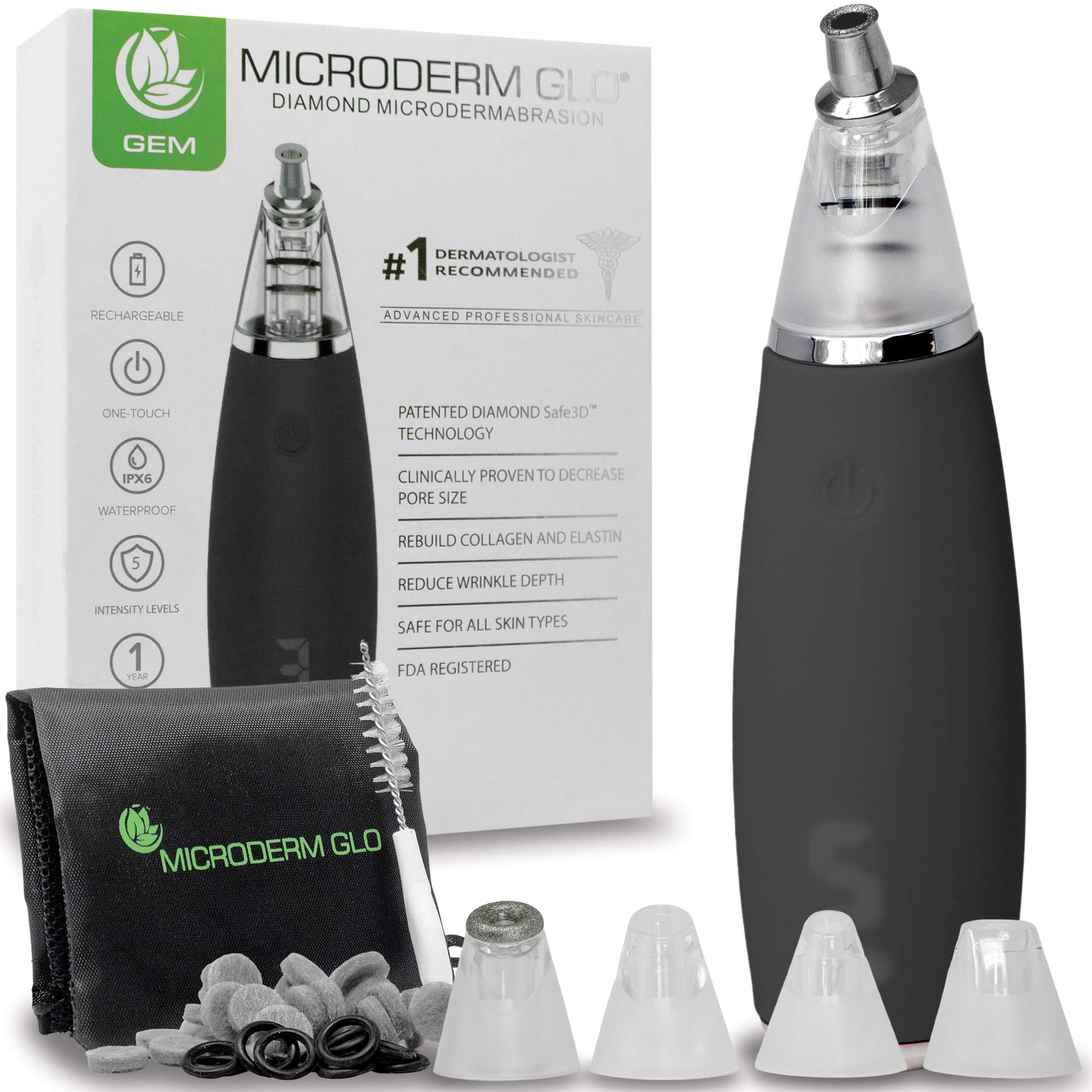 Microderm GLO GEM Diamond Microdermabrasion & Suction Tool Best Pore Vacuum #1 Advanced Facial Treatment Promotes Collagen Production for Clear Skin (Black)