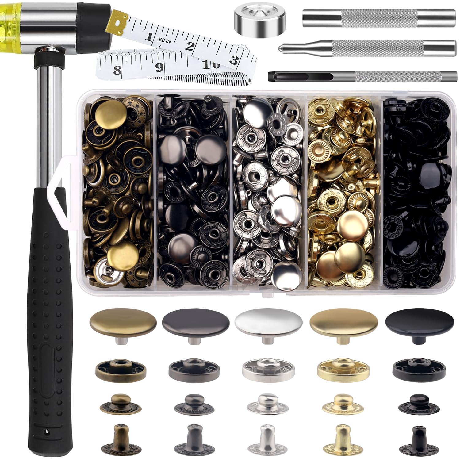 507PCS Snap Fasteners Kit, 15mm Leather Snap Fasteners Kit, Sewing Snaps, 304 Stainless Steel Button Snaps Press Studs with 6 Setter Tools, 5 Color Leather Snaps for Clothes, Jackets, Bracelets, Bags