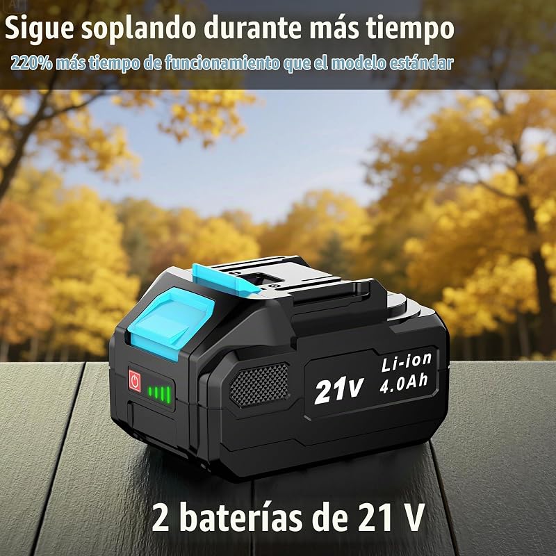 Soplador de Hojas, Soplador Bateria 21V con 2 Baterías de 4.0Ah, 3 Ajustes de Velocidad, 2 Tubos de Soplado, Correa para el Hombro para Soplar Hojas, Nieve, Polvo y Residuos