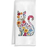 ROXMART Floral Cat Kitchen Towels, Gifts for Cat Lovers Dish Tea Towels, Aesthetic Rustic Flower Kitten Kitty Decorative Hand Towel for Bathroom Kitchen, 16x24 Inch