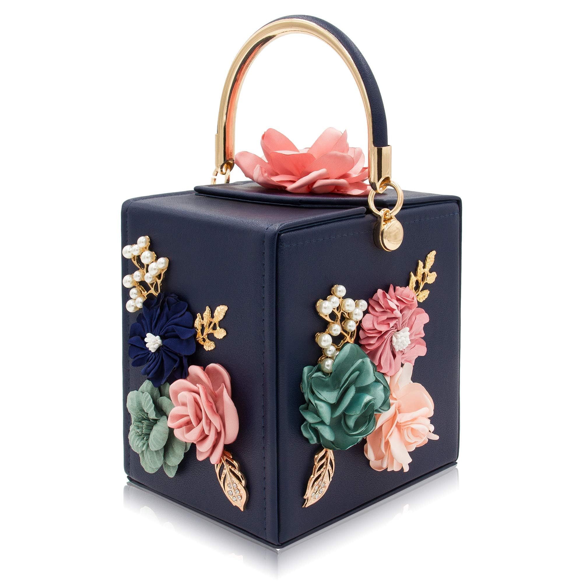 Milisente Women Flower Clutches Evening Bag Purse Handbag for Wedding (Navy Blue)