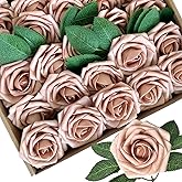 25pcs Artificial Flowers Terracotta Foam Fake Rose with Stems 8 Leaves Real Looking Light Brown Faux Roses for Wedding Bouquets Bridal Shower Centerpieces Arrangements Party Tables Decorations DIY