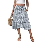 MLXSJ Women's Midi Skirt Summer Flowy Tiered Asymmetrical High Waisted Casual Skirts with Pockets