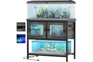 Hyomdeck 40 Gallon Fish Tank Stand with Magic Power Outlets and Smart LED Lights, Aquarium Stand with Storage Cabinet, Reptile Tank Stand with Unique Grid Door Design, Heavy Duty Metal Frame, Oak