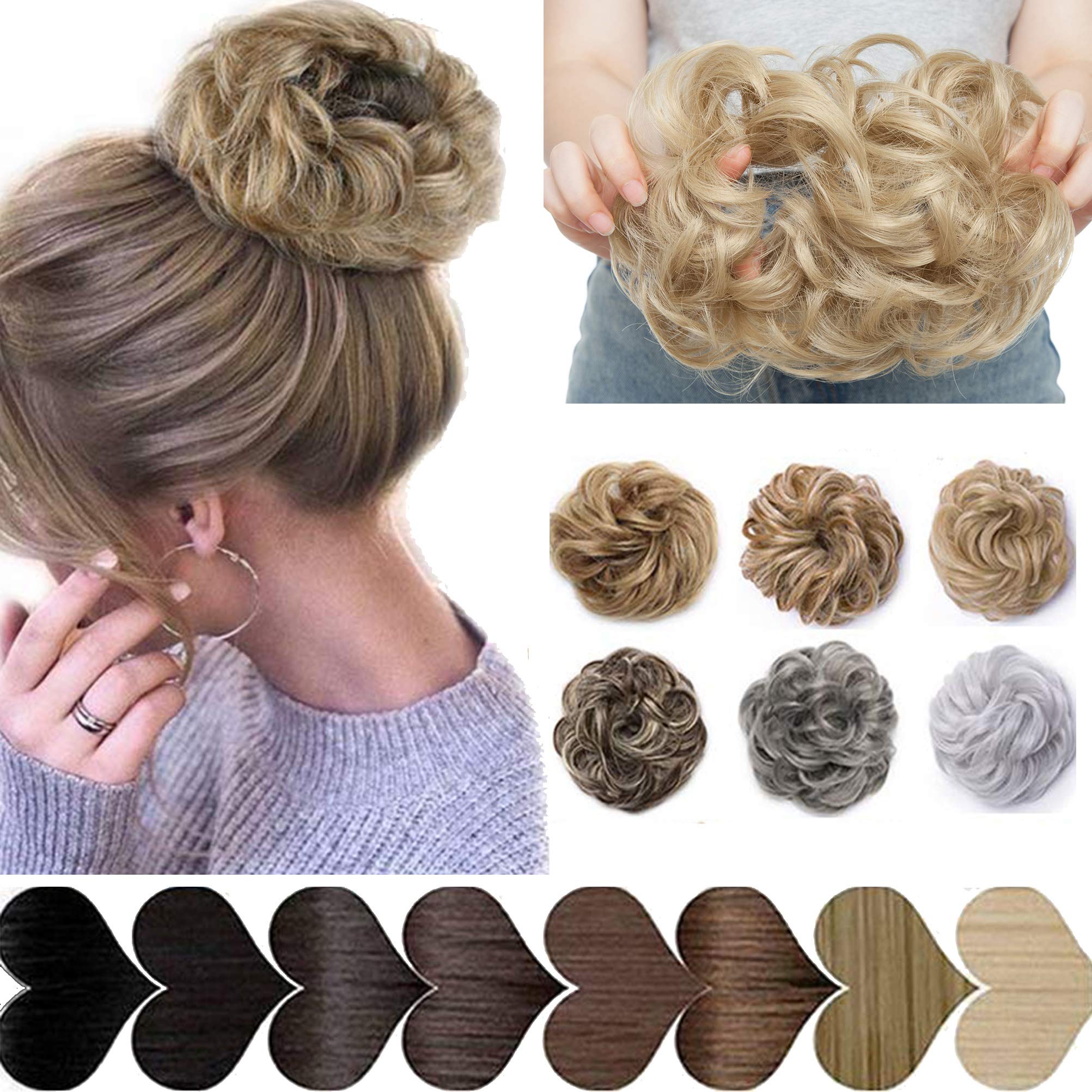 Messy Hair Bun Synthetic Extension Scrunchy Donut Curly Wavy Updo Elastic Scrunchie Thick Full Wedding Hair Pieces Bridal Hairpiece Easy Bun Updos Chignon for Women Kids Ash Blonde-2