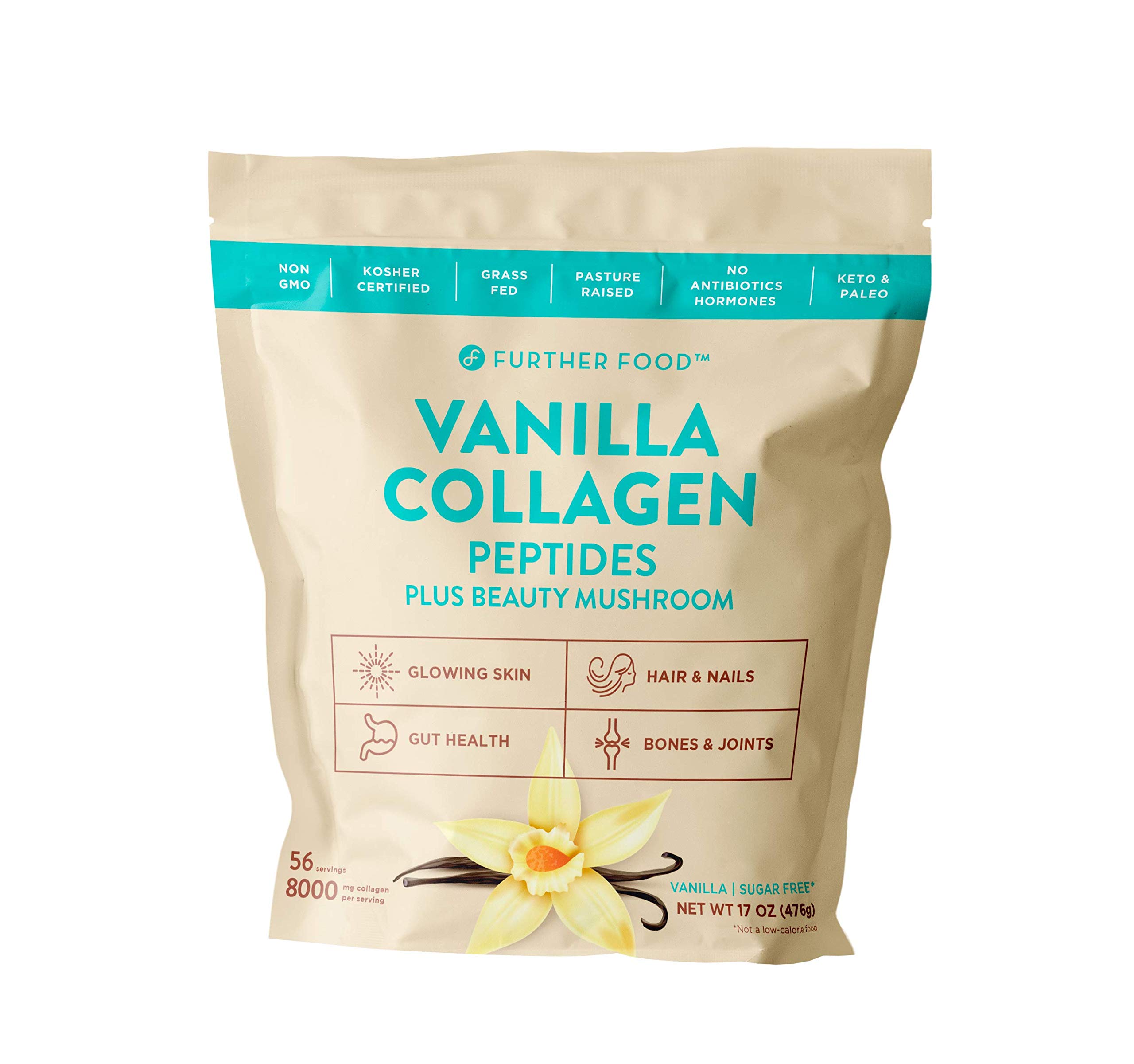 Vanilla Collagen Peptides Powder with Tremella Mushroom, Grass-Fed Type I & III (56 Servings)