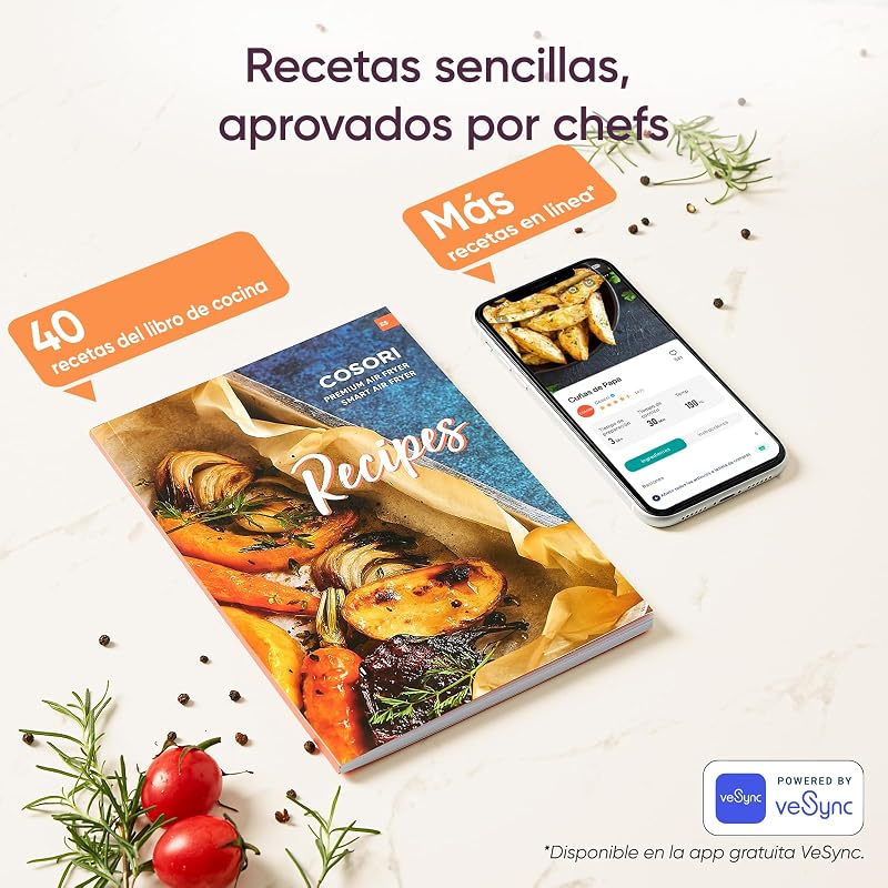 Fritadeira cosori sem óleo 5,5 l, fritadeira de ar quente com 100 receitas em espanhol, 11 programas, tela de toque led, cesto antiaderente, temporizador