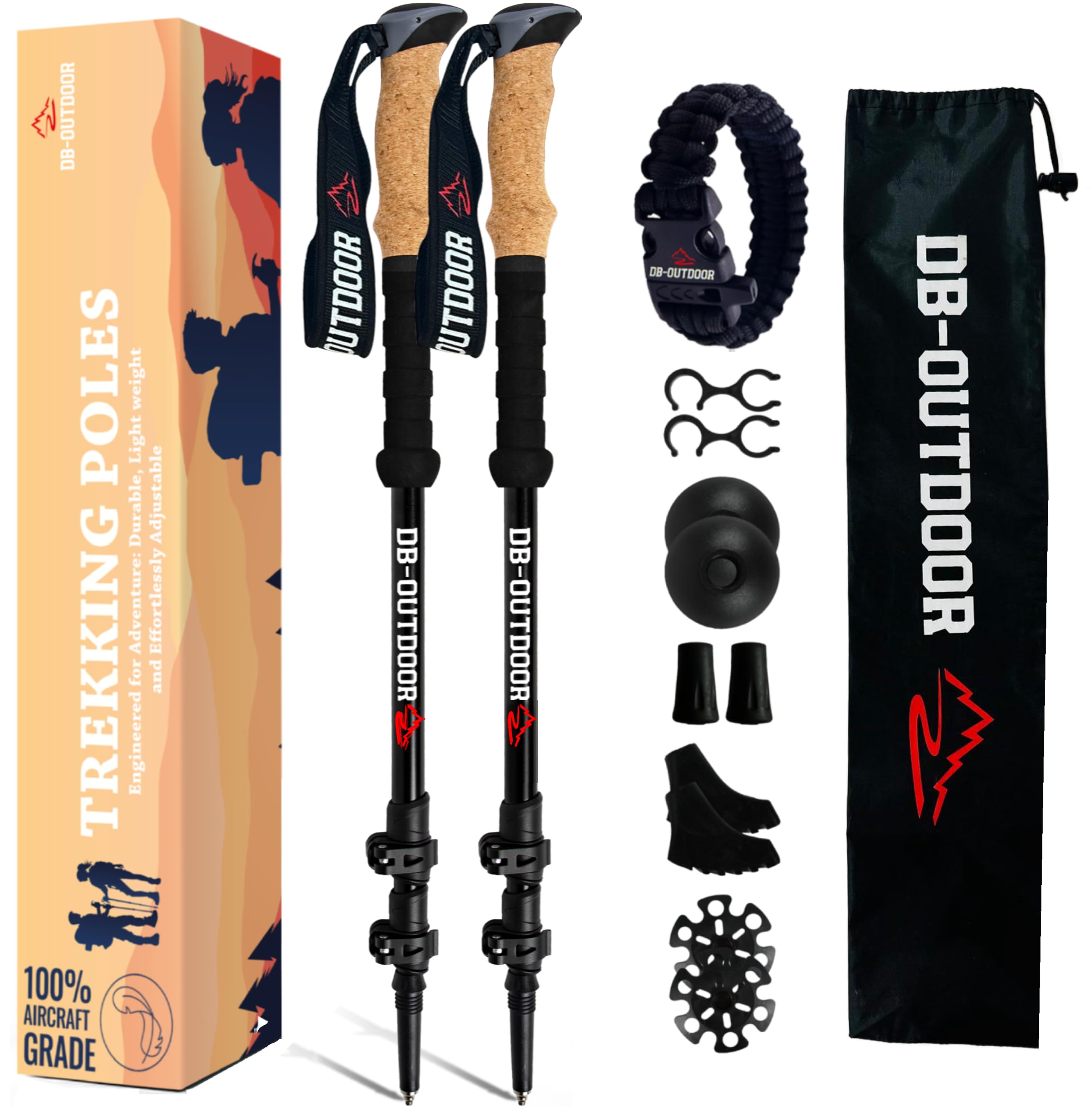 DB-OUTDOOR Trekking Hiking Walking Poles Women and Men - 2 Ultralight 7075 Aluminum Collapsible Hiking Sticks for Men, Natural Cork Grip & Metal Flip Lock Nordic Walking Poles for Seniors