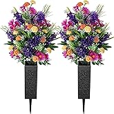 Memobloom Artificial Cemetery Flowers for Grave: Memorial Day Flowers for Cemetery - Outdoor Grave Decorations - 2 Pcs Purple Violet Mums Bouquets with Vases