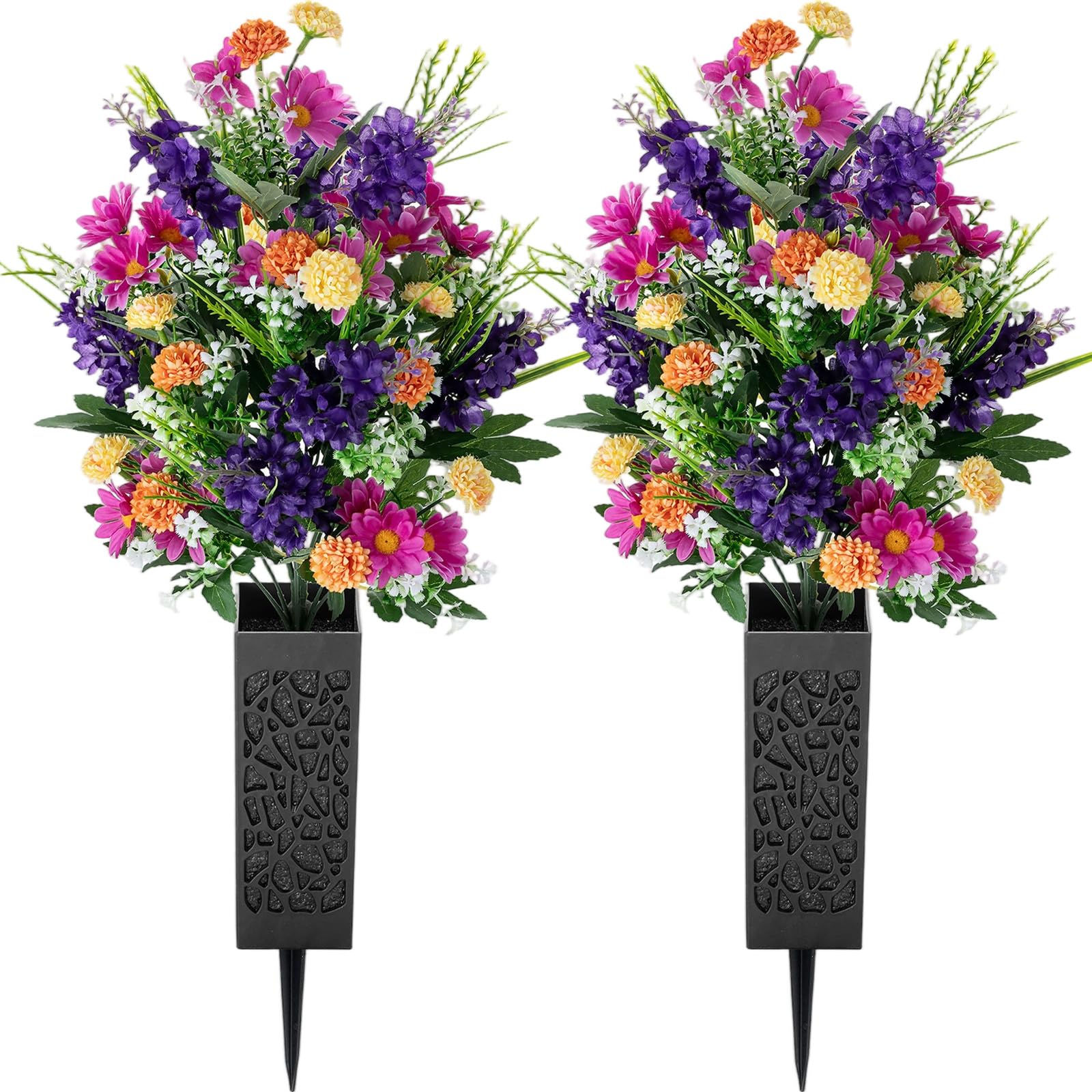 Memobloom Artificial Cemetery Flowers for Grave: Memorial Day Flowers for Cemetery - Outdoor Grave Decorations - 2 Pcs Purple Violet Mums Bouquets with Vases