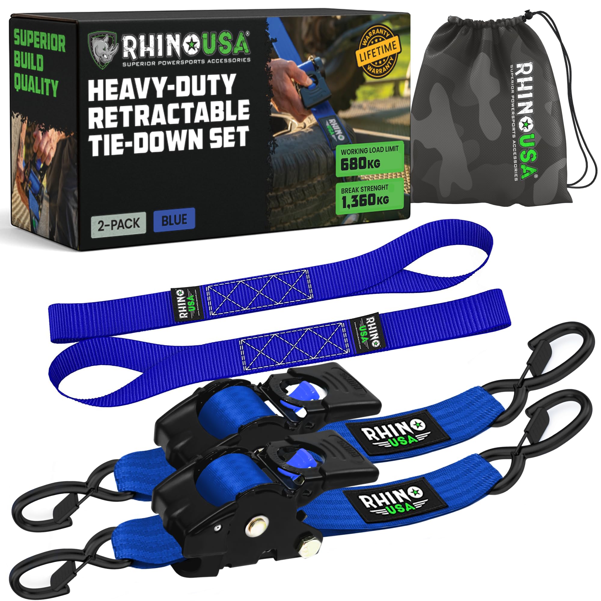 Rhino USA Retractable Ratchet Straps (2-Pack) - 5cm x 3m (1,360kg Break Strength) - Heavy Duty Auto Self-Retracting Tie Down Straps for Truck, Cargo Trailer, Motorcycle, Bike & More - Blue — image 1