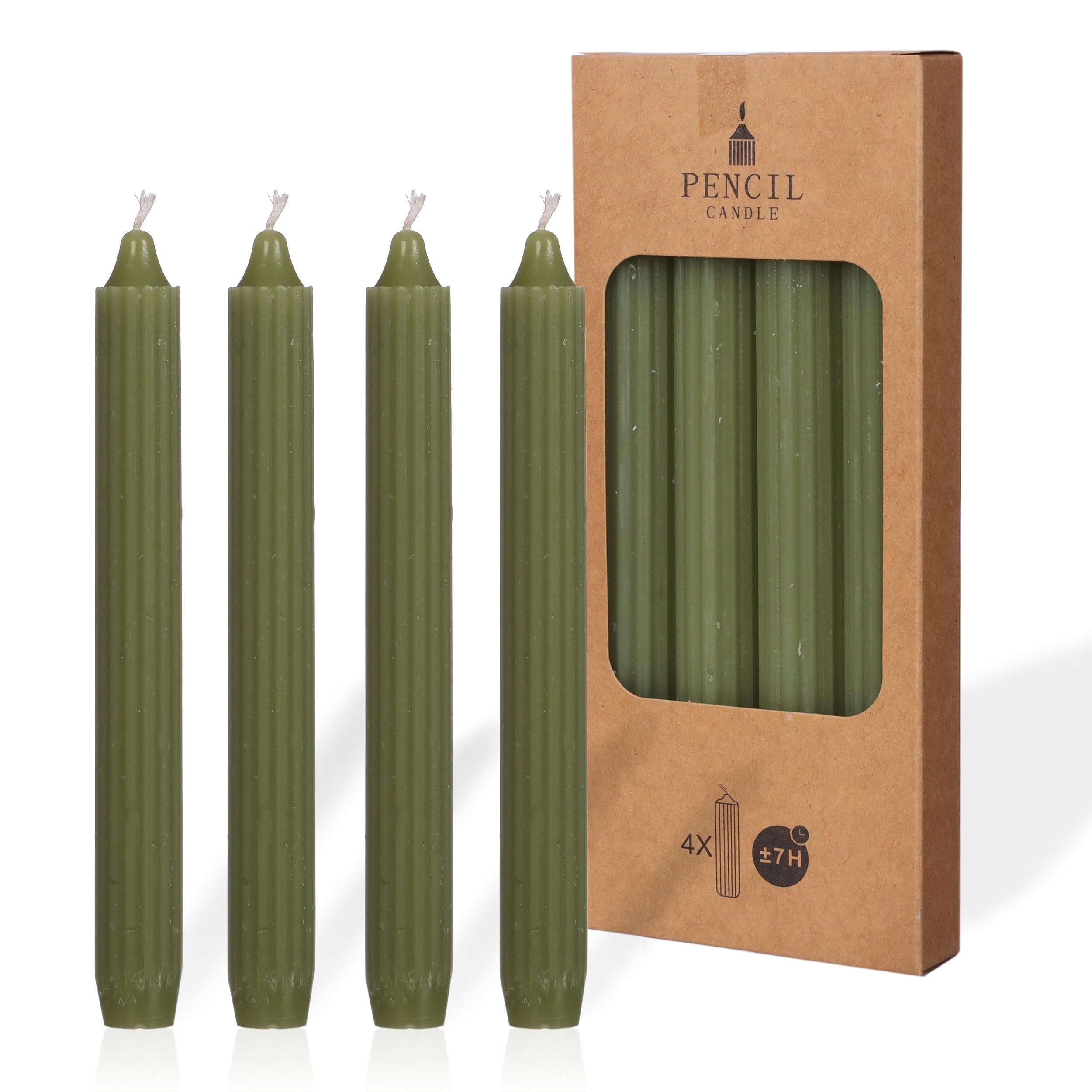 comforder COMFORDER Taper Candles Set, 4 x Table Candles Plain + Ribbed, 20 cm, 7 Hours Burning Time (Moss Green)