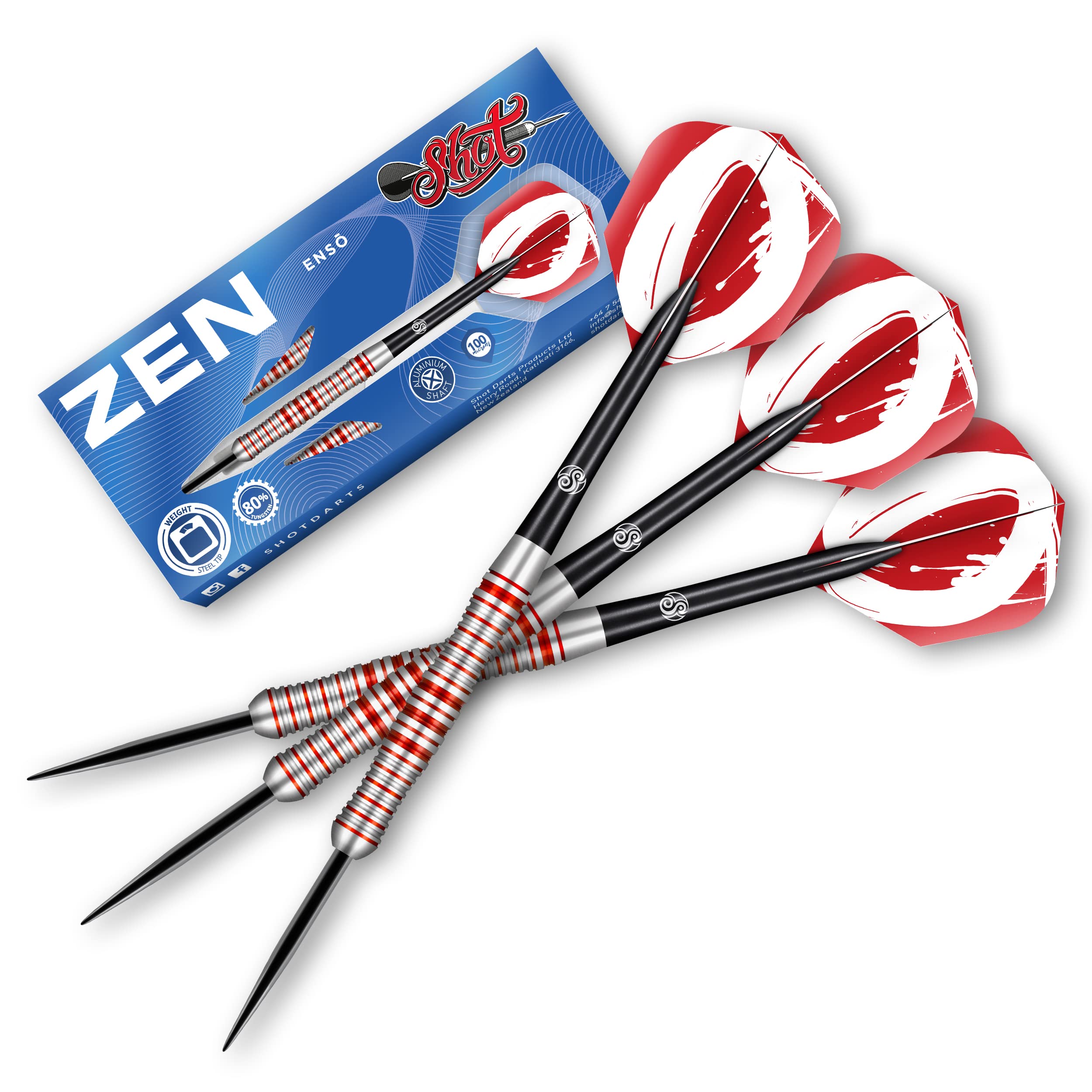 Shot! Zen Enso Steel Tip Dart Set 80% Tungsten Pro Throwing Darts Steel Tip Set Professional – Made in New Zealand – Designed Dart Flights for Women & Men – Metal Tip Bar Darts for Adults