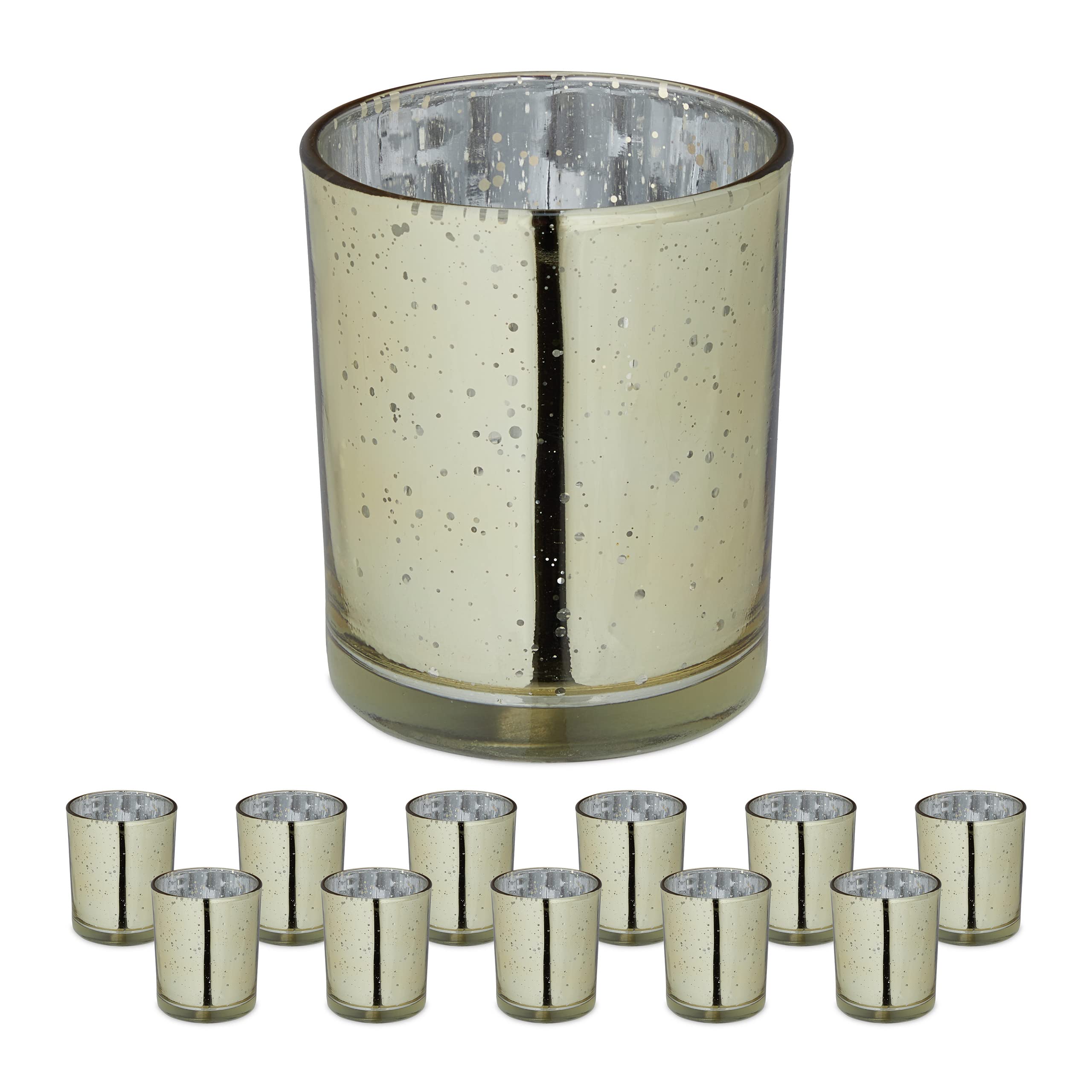 Relaxdays Tealight Holders, Set of 12, Table Decor, Votive Candle Glasses, H x Diam.: 8.5 x 7 cm, Home & Garden, Gold