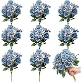 Riceshoot 8 Bundles Blue Artificial Lily Rose Flowers Wedding Flower Bouquet Realistic Silk Flowers Faux Lily and Rose for Wedding Centerpieces Flower Arrangement Home Decor