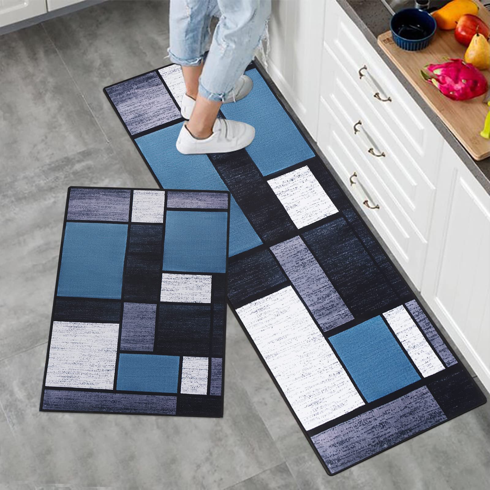 LY4U 2 Pieces Non Slip Kitchen Rug Set, Water Absorbent Floor Mats, Kitchen Carpets and Rugs for Home Dining Room and Entryway,50x80cm + 50x150cm