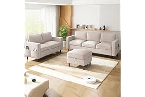 ADOWORE 2 Pieces Sofa Sets for Living Room-L Shaped Sofa and Loveseat, Linen Fabric 3 Seater Sofa with Ottoman and Love Seat Sets, Modern L Shaped Couch + 2-Seat Sofa Sets, Beige