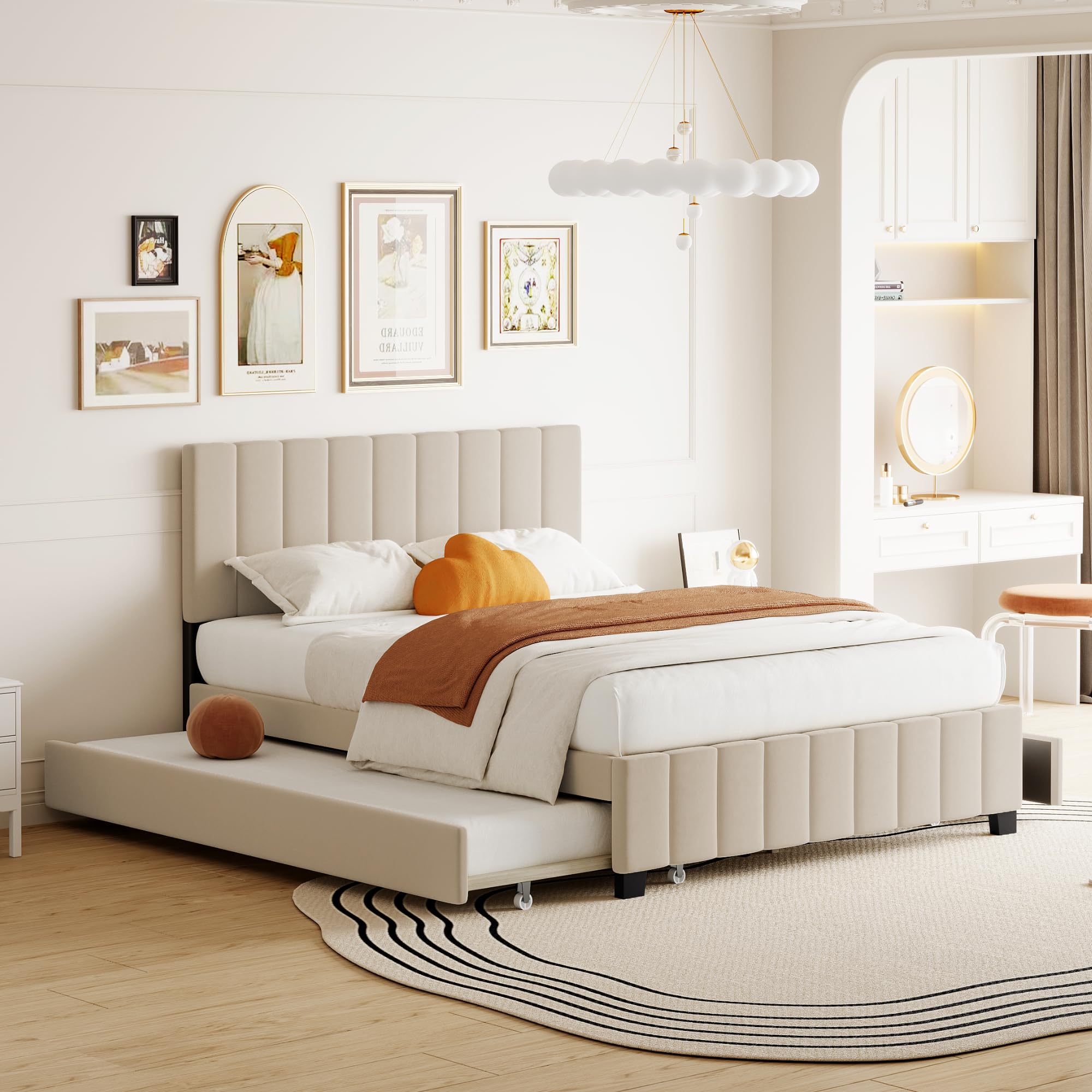 Photo 1 of **MISSING SEVERAL PARTS, HARDWARE, AND INSTRUCTIONS *** PARTS ONLY **Size Upholstered Platform Bed with 2 Drawers and 1 Twin XL Trundle, Beige Wooden Bed Frame, No Box Spring Need