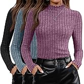 Oakgarden 3 Pack Women's Mock Neck Sweater Long Sleeve Ribbed Knit Slim Fitted Tops Lettuce Trim Lightweight Pullover Sweater