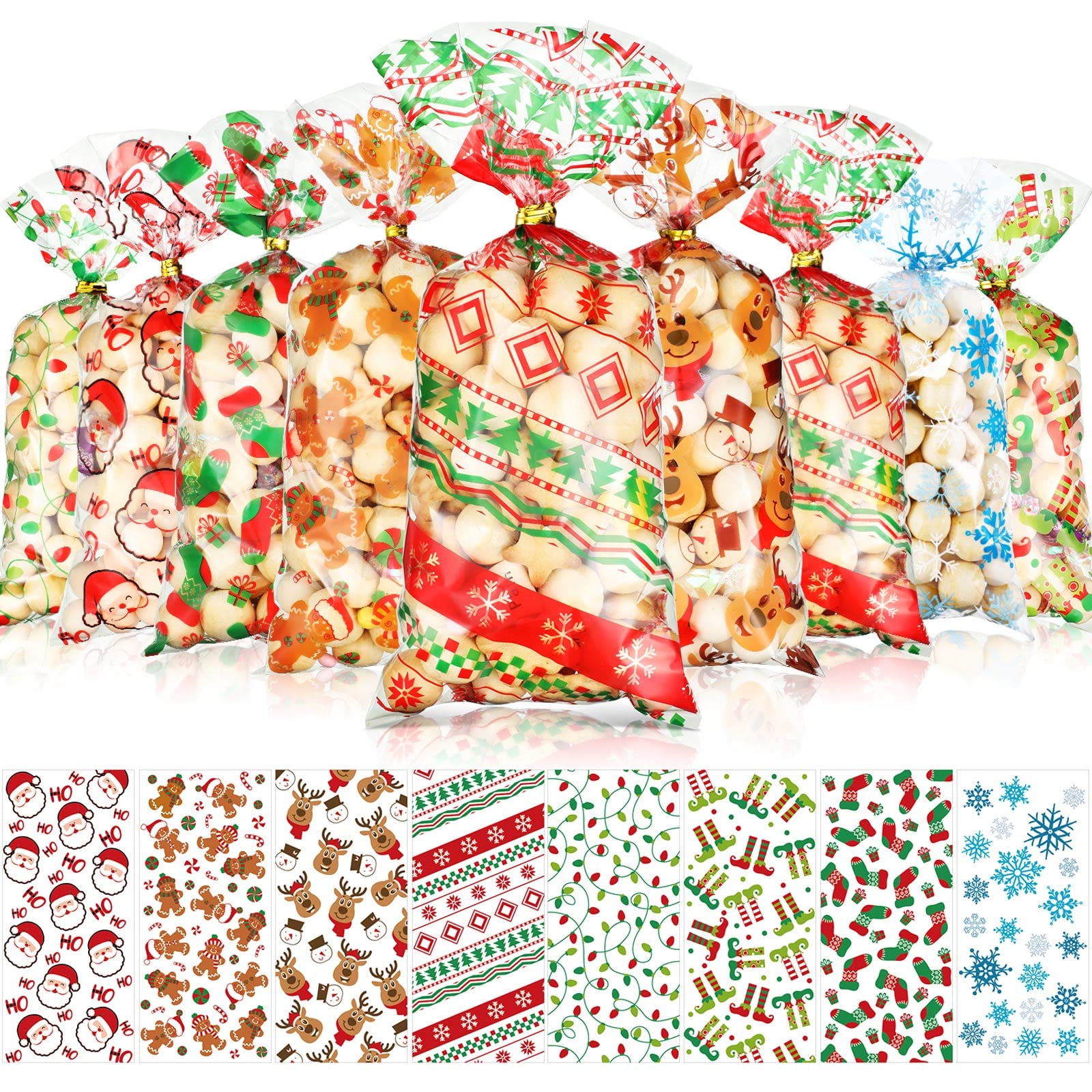 200 Pieces Christmas Treat Favor Bags Xmas Santa Cellophane Plastic Candy Goodie Bags with 200 Pieces Gold and Silver Twist Ties for Winter Holiday Christmas Party Decorations, 8 Assorted Styles