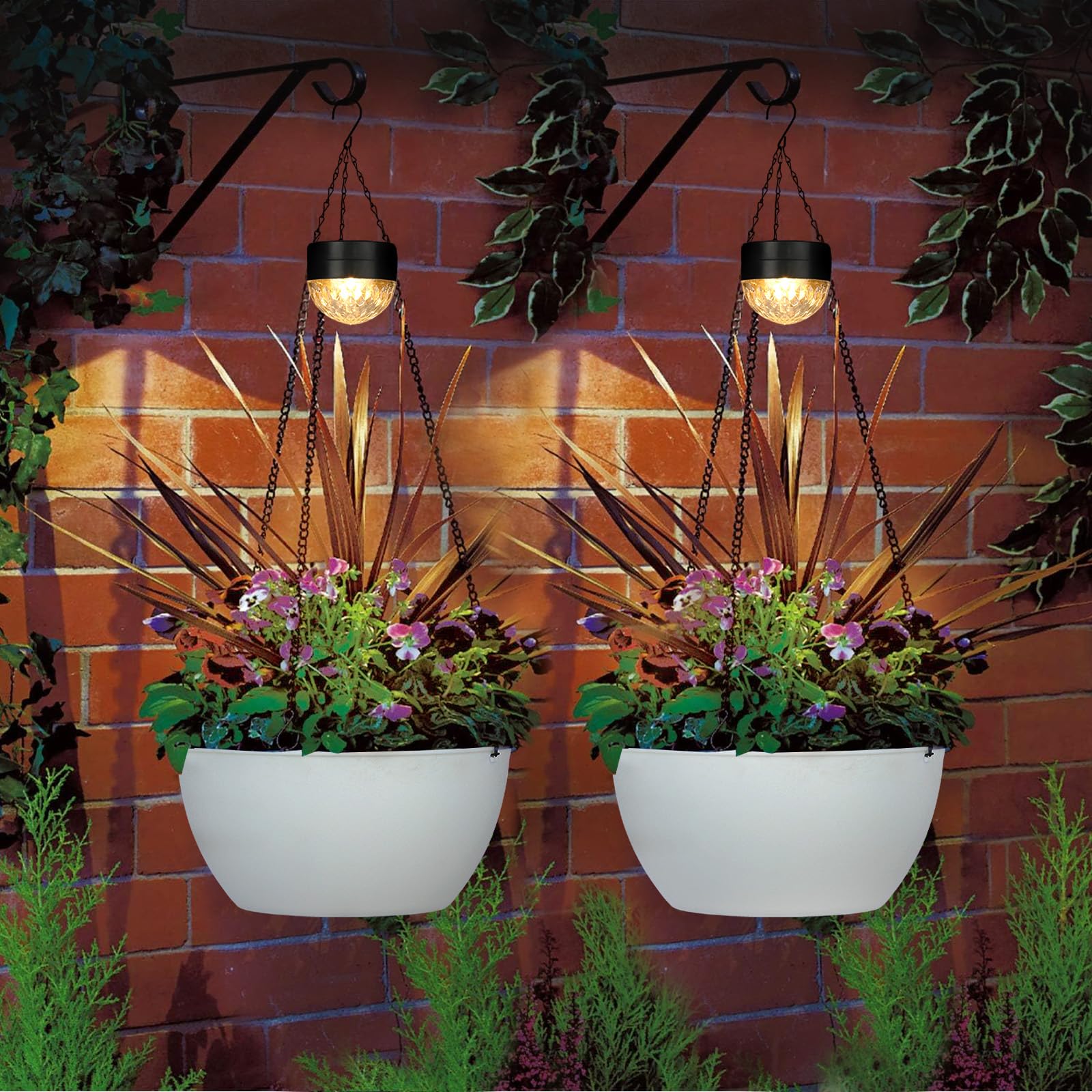 Photo 1 of 2 Packs Hanging Planters Basket for Outdoor Plants, Solar Powered Self Watering White Round Plastic Flower Pots with Drainer for Balcony Patio Garden Outdoor Decoration