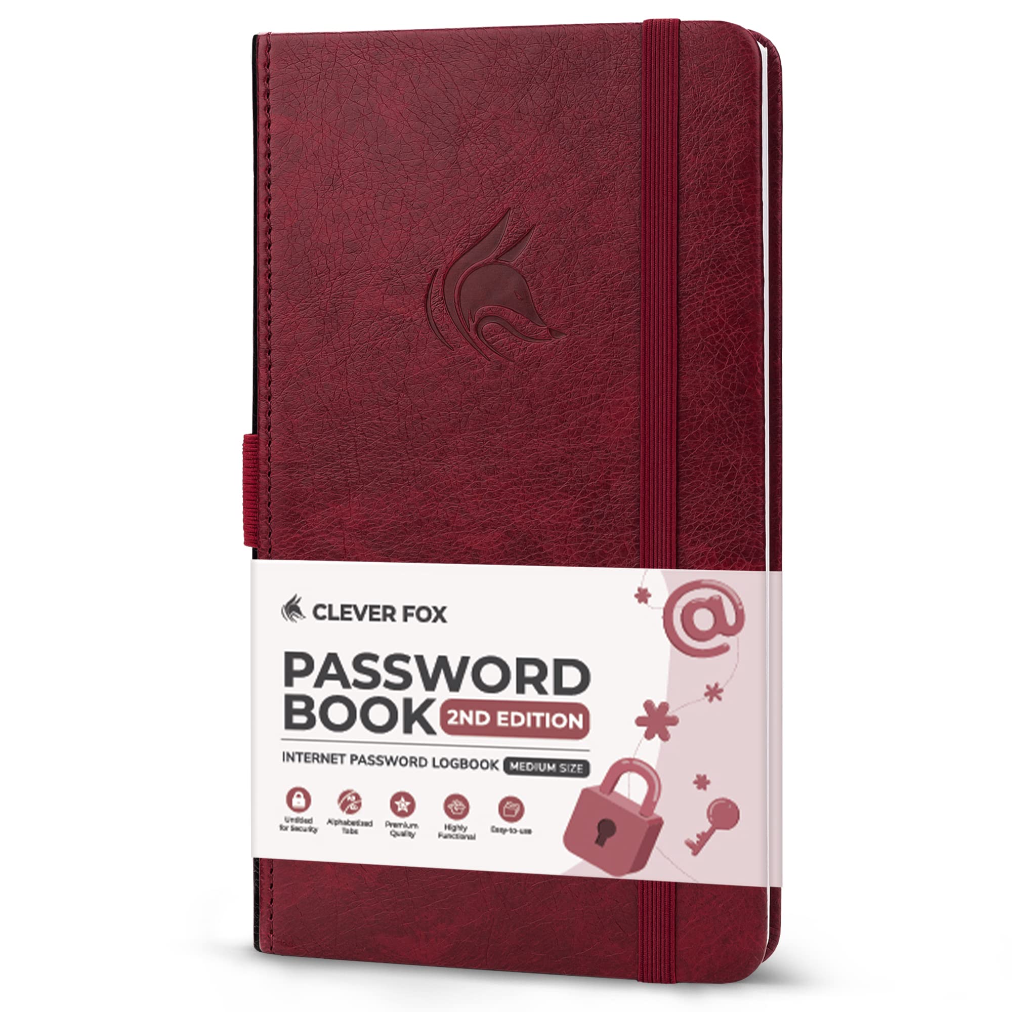 Clever Fox Password Book 2nd Edition – Hardcover Password Keeper with Laminated Alphabetical Tabs – Internet Address Notebook & Login Details Organizer Journal – 10.4x19.3cm (Wine Red)