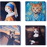 Ceramic Coasters Set of 4 – Square Drink Coasters with Cork Backing, 3.9x3.9 Inches – Decorative Printed Designs for Home, Office, or Gift Use (Gallery Cats)