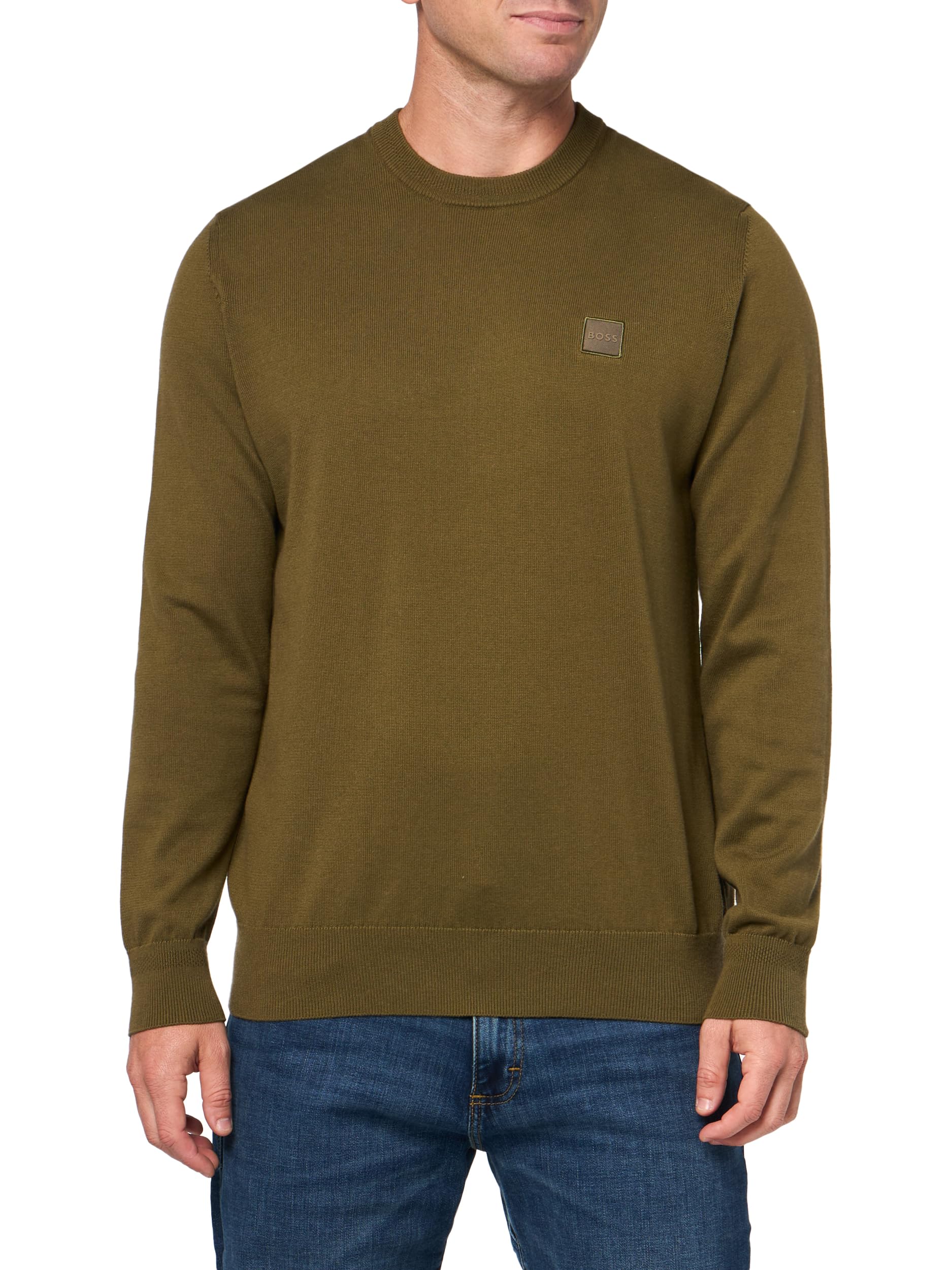 BOSS, Square Logo Cotton Blend Knit Sweater, Burnt Olive, XXL