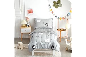 Flysheep 4 Piece Gray Grey Toddler Bedding Set with Multi Animals Printed for Baby Boys - Includes Quilted Comforter, Flat Sheet, Fitted Sheet & Pillow Case, Soft & Comfortable Microfiber