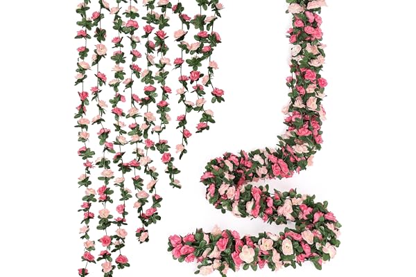 KHOYIME 5 Pack 40 FT Artificial Flower Garland, Fake Pink Roses Vines Silk Flowers Faux Plastic Outdoor Hanging Floral Ivy Ga