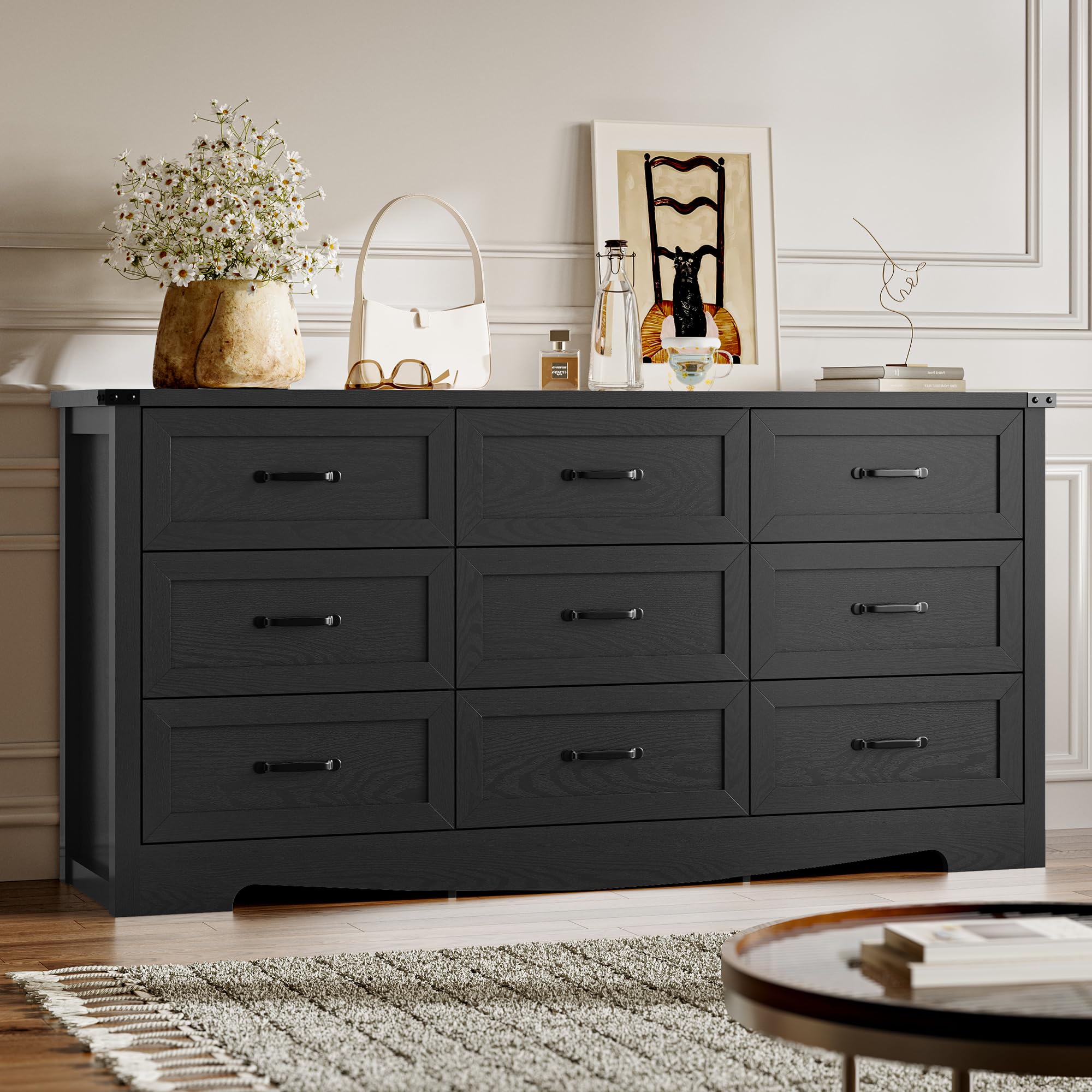 BORNOON 9-Drawer Dresser for Bedroom, Modern Wooden Chest of Drawers with Metal Handles, Anti-Tipping Design, Sturdy and Stable Storage Organizer for Living Room, Entryway, Home Office
