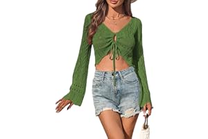 Raxmolo Womens Crochet Crop Tops Tie Front Bell Long Sleeve Cardigan V Neck Knit Shrug Sweaters