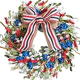 Egolot 20 Inch Patriotic Red White Blue Flowers Wreath for Front Door, Forth of July Lamb Ears Leaves Wreath for Inside and Outside, Memorial Day Independence Day Burlap Bow Home Decor
