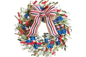 Egolot 20 Inch Patriotic Red White Blue Flowers Wreath for Front Door, Forth of July Lamb Ears Leaves Wreath for Inside and Outside, Memorial Day Independence Day Burlap Bow Home Decor