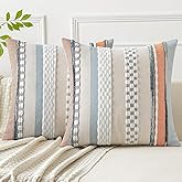 Woaboy Blue-Orange Boho Throw Pillow Covers Set of 2 18x18 Inch Farmhouse Decorative Cushion Cases Multicolor Striped Chenille Pillow Covers Accent Pillowcase for Sofa Couch Bed