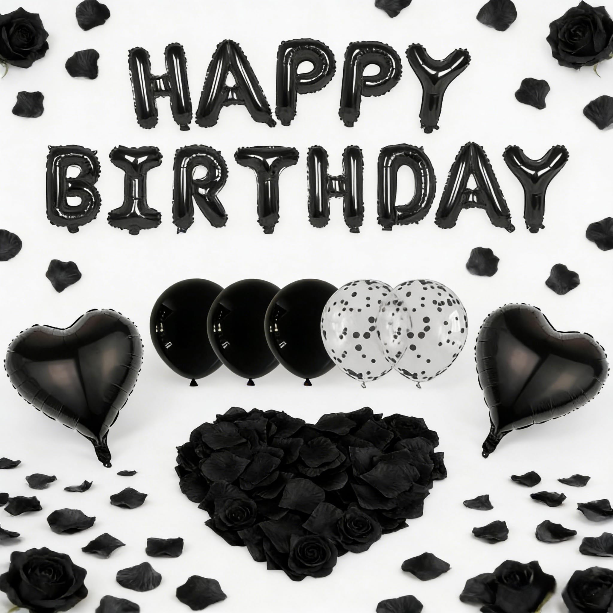 Premium Black Birthday Balloons Set - 20 Durable Latex Balloons with 500 Pcs Black Rose Petals Easy Inflate System for Men's Party Decorations - Includes Pump & Ribbons