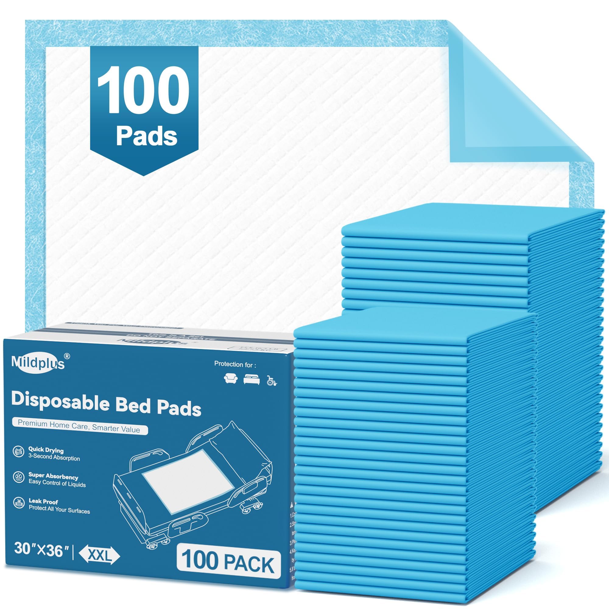 Photo 1 of 100 Count Disposable Bed Pads 30''X36'' MILDPLUS Super Absorbent Underpads, Disposable Extra Large Chucks Pads, Incontinence Pads for Adults, Children's Bedwetting Pads, Puppy Pads