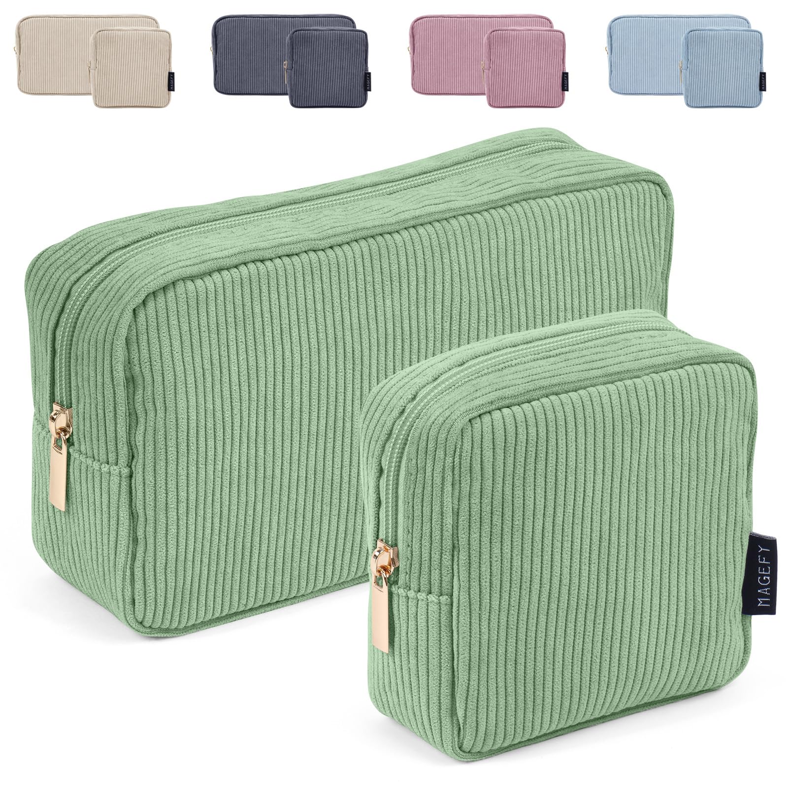 Makeup Bag, MAGEFY 2 Pcs Small Makeup Bag for Handbag Corduroy Pouch with Compartments Travel Makeup Cosmetic Bag for Women Green