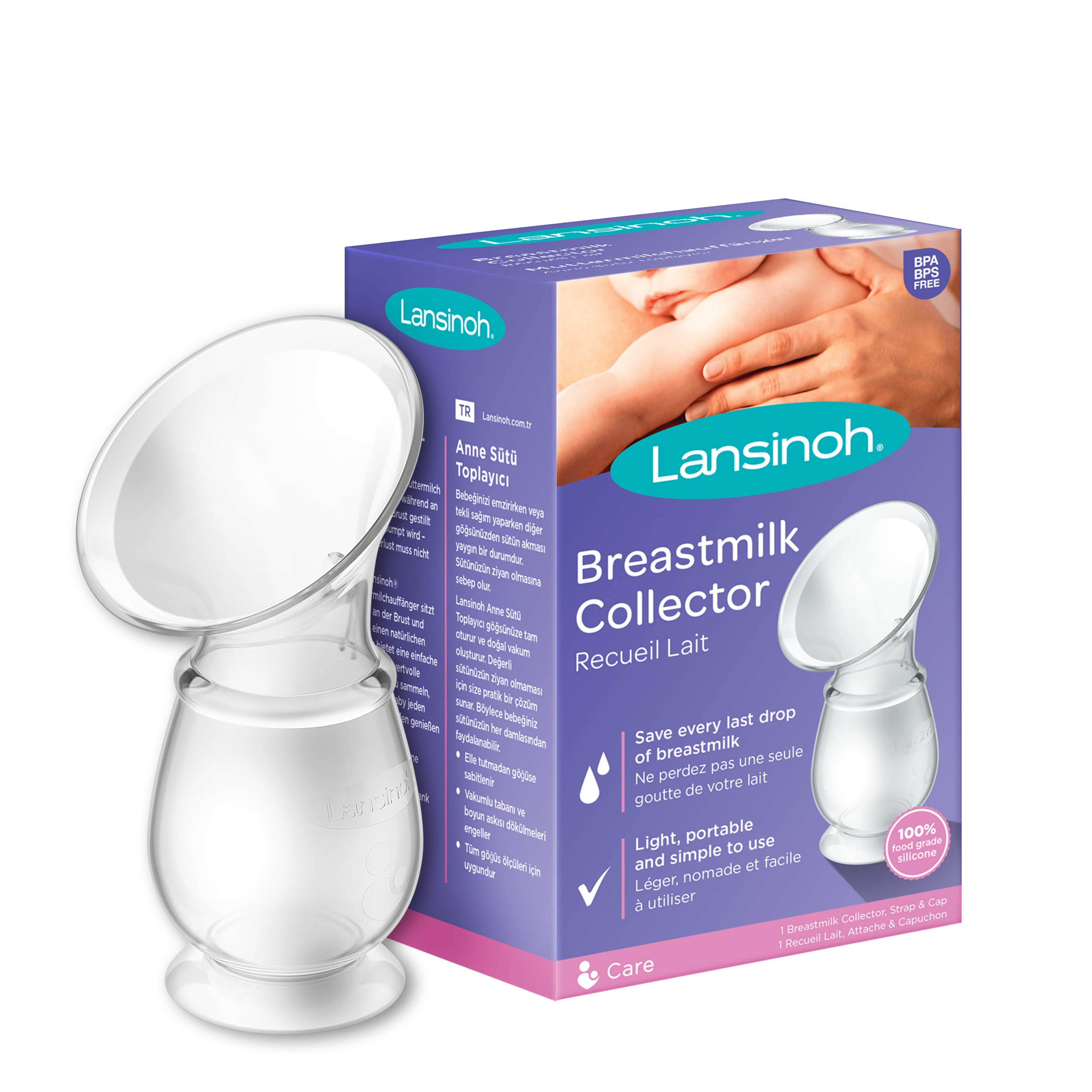 Lansinoh Breastmilk Collector Breastpump for Excess Breast Milk from Breastfeeding Mums BPA BPS Free 100% Silicone with Lid & Neck Strap, Transparent