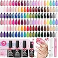 Beetles Gel Nail Polish Set, 70 PCS 60 Colors Nude Pink Jelly Pastel Neon Blue Red Green Glitter Spring Gel Nail Polish Kit with Base Glossy Matte Top Coat Gel Manicure Gifts for Women