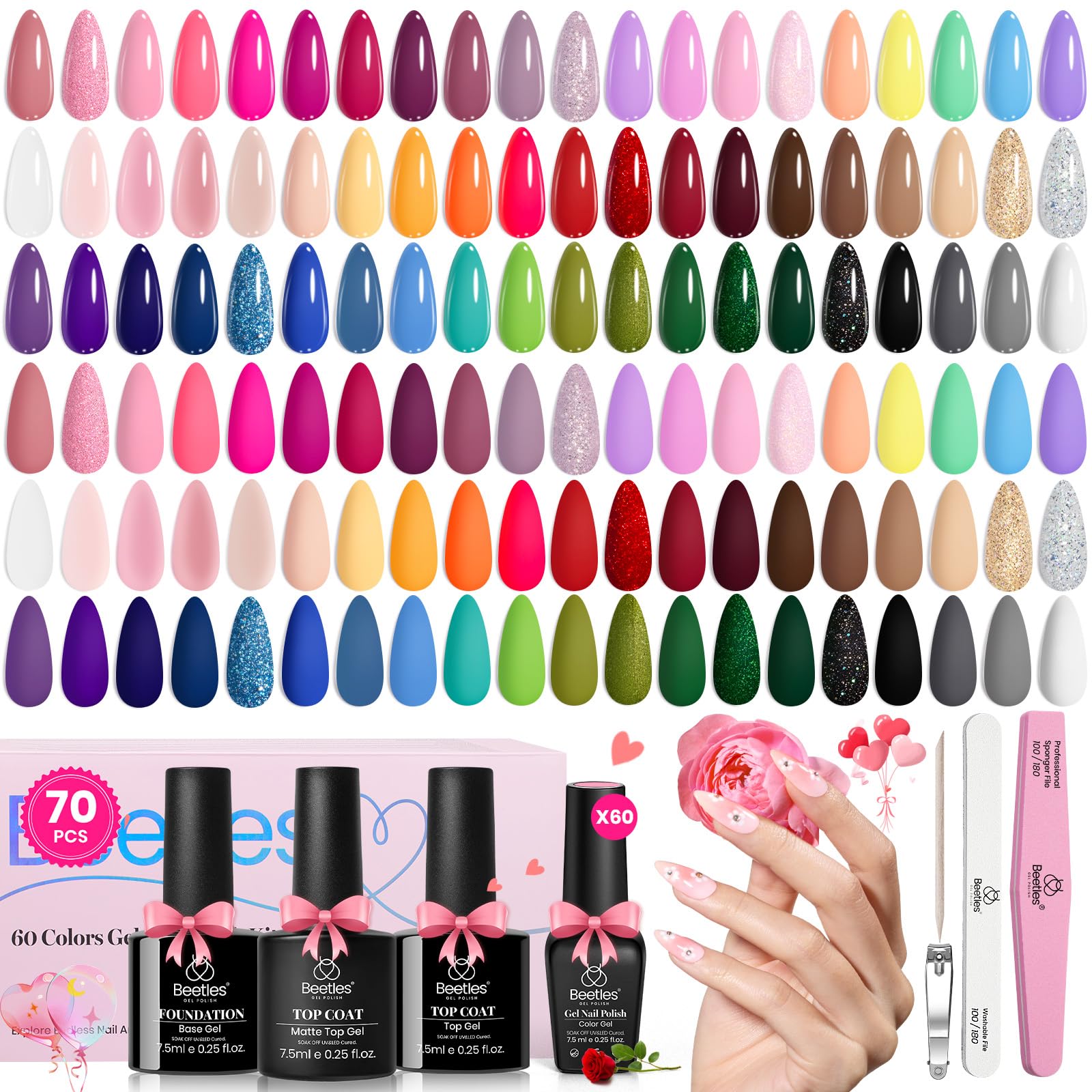 Beetles Gel Nail Polish Set, 70 PCS 60 Colors Red Green Pink Brown Blue