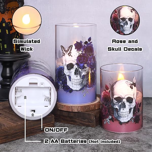 CAFEMOON HALLOWEEN DECOR FLAMELESS CANDLES BATTERY OPERATED LED PILLAR CANDLES WITH REMOTE TIMER, SET OF 3 SKULL ROSE BUTTERFLY DECALS SPOOKY THEMED CANDLES FOR INDOOR HALLOWEEN DECORATIONS