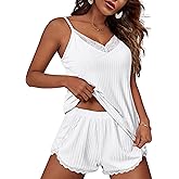 Ekouaer Womens Pajama Sets Soft Lingerie Sleepwear 2 Piece Cami Shorts Set V Neck Pj Lace Nightwear