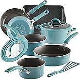 Rachael Ray Cook + Create Nonstick Cookware/Pots and Pan Set, 10 Piece, Agave Blue