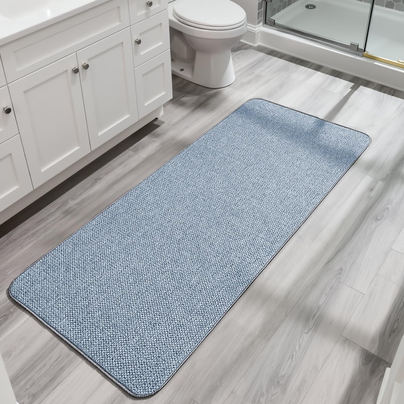Photo 1 of Bosap Bath Mat,Ultra Thin Bathroom Runner Rugs,Large Bath Mats for Bathroom,Quick Dry,Non-Slip,Machine Washable,Low Pile,Bath Rug,Shower Outside,Sink,Home Decor Accessories.Blue,1'5"x4'11"?17x59inch?